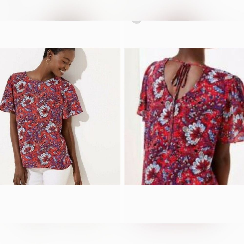 LOFT Red flutter sleeve top periwinkle blue & peach floral short sleeve blouse